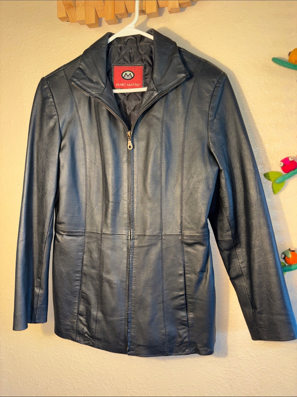 EUC Marc Mattis black leather zip-up jacket. Outer leather shell with a quilted
